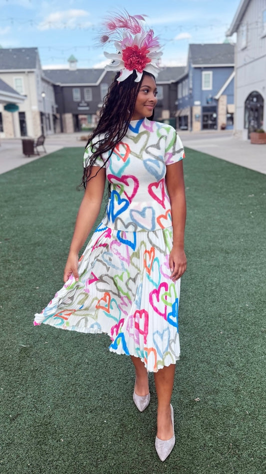 Ava Hearts Pleated Skirt - White Mix