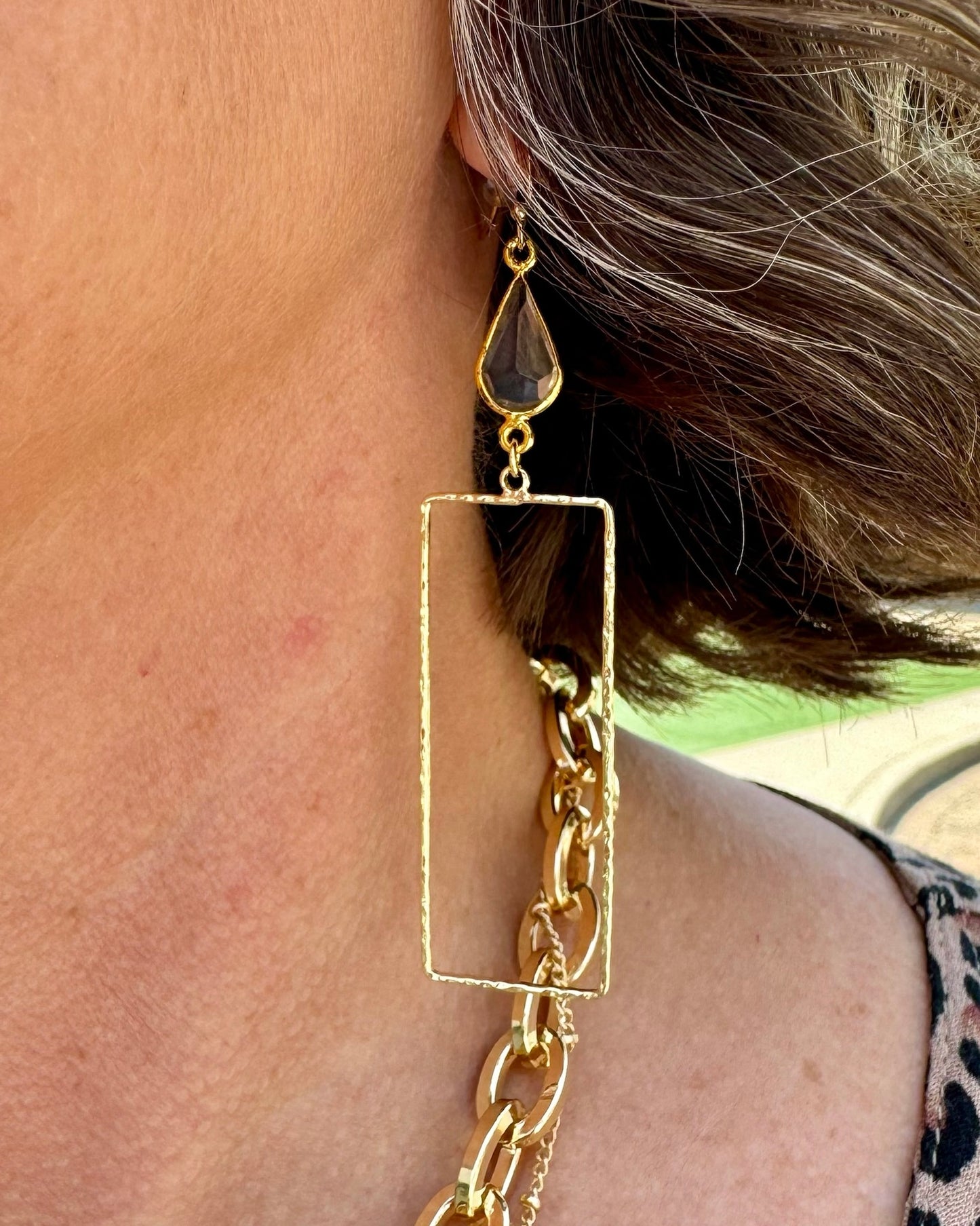 Gold Long Rectangle & Crystal Earrings