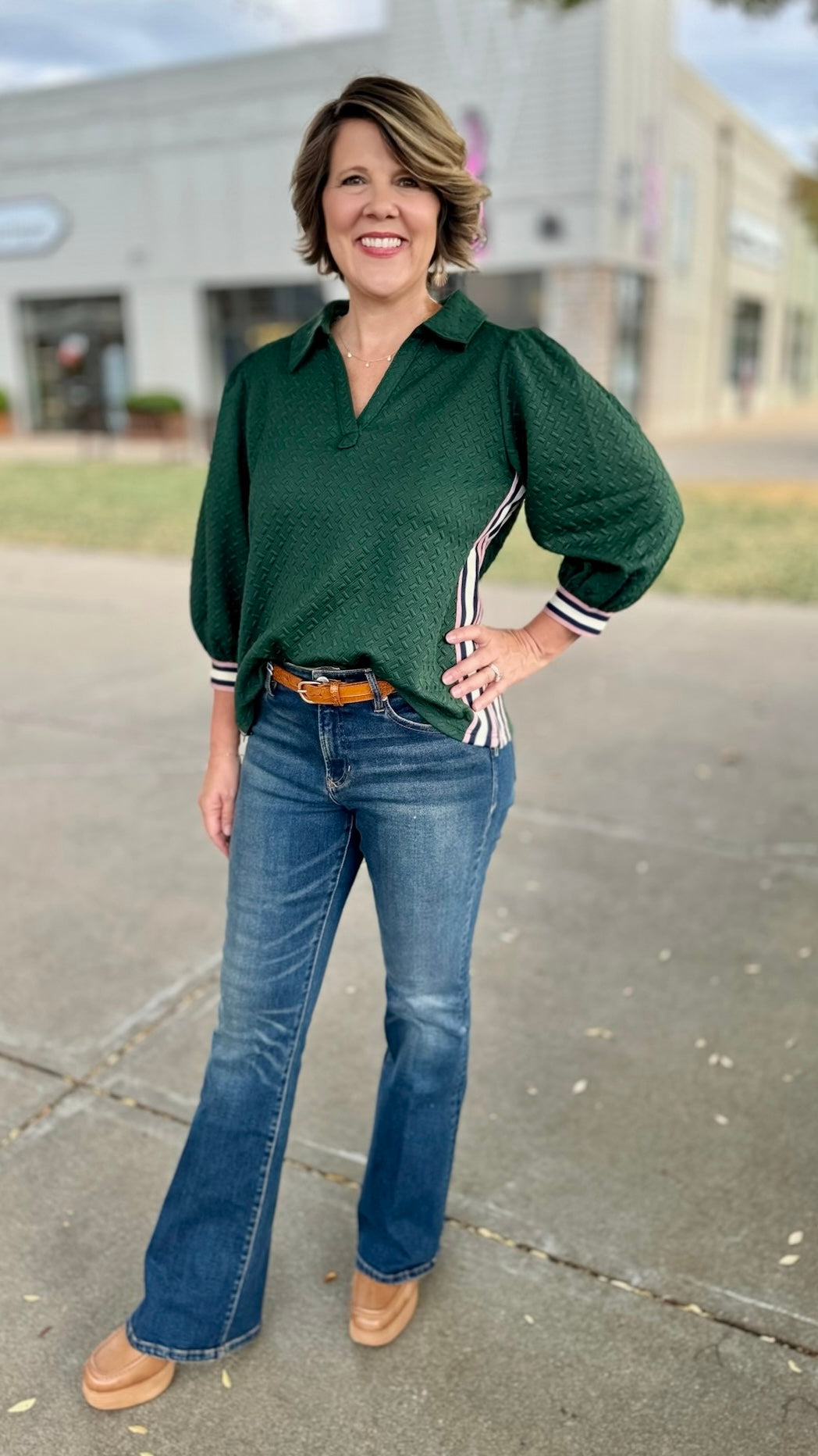 Collared Quilted Prep Stripe Top - Hunter