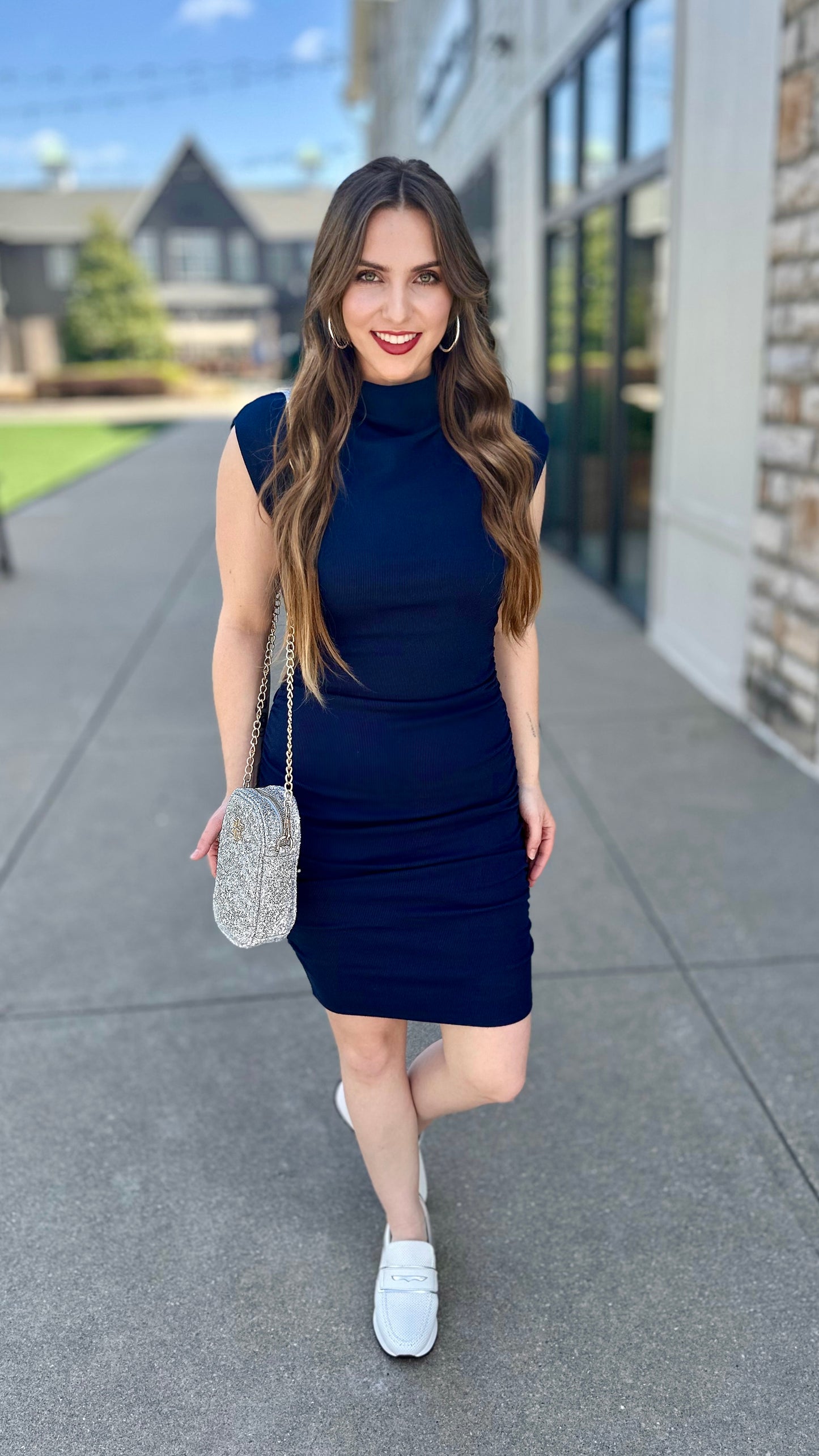 Michael Stars Gia Ribbed Power Shoulder Dress - Navy