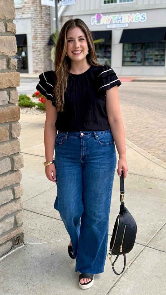Josie Black & White Trim Flutter Sleeve Top