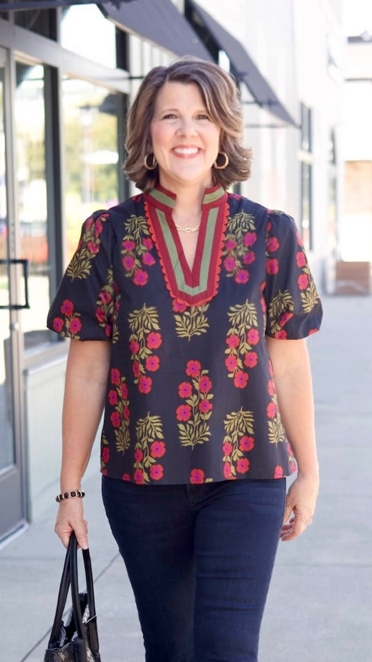 Chloe Floral Top - Black/ Wine