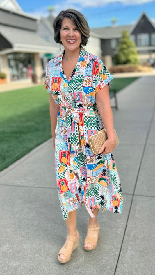 Beach Print Tie Shirt Dress - Multi