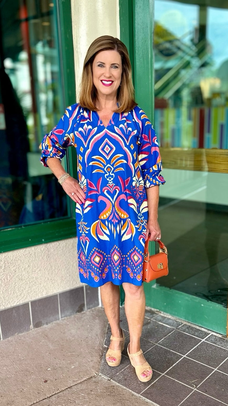 Ava Cobalt Ikat Dress