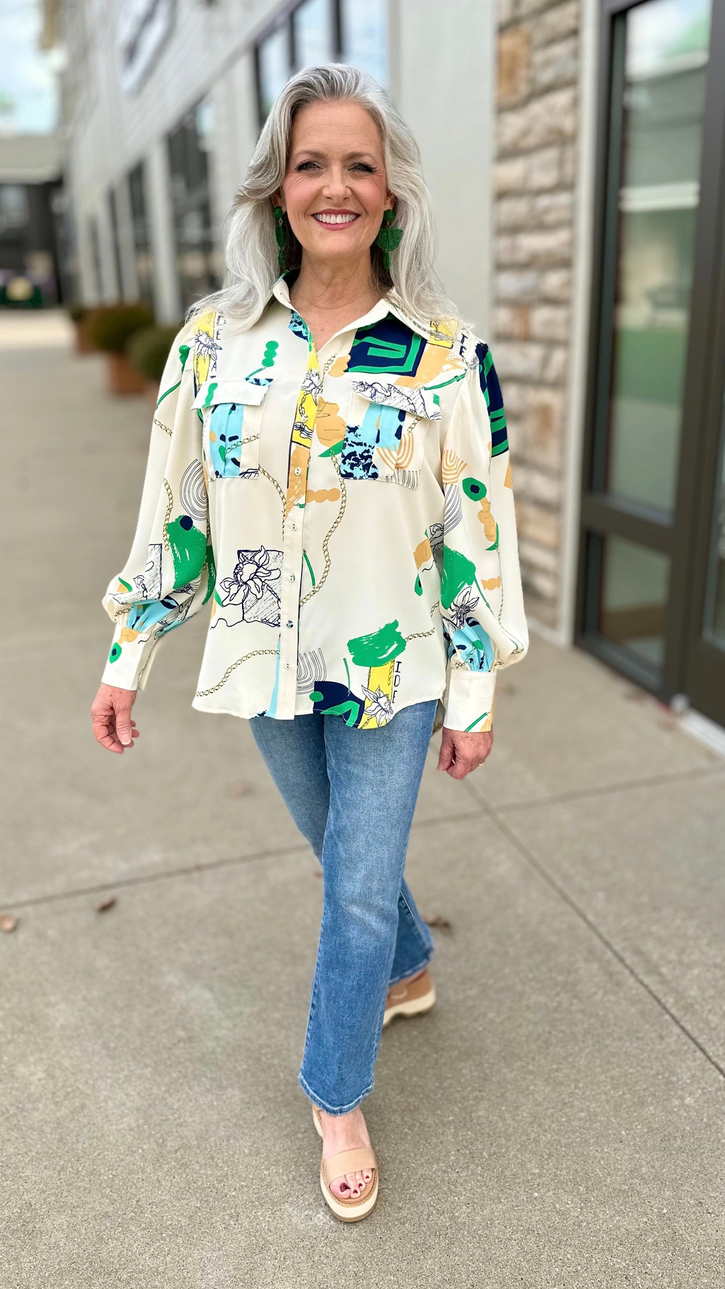 Ivory Abstract Floral Button Blouse