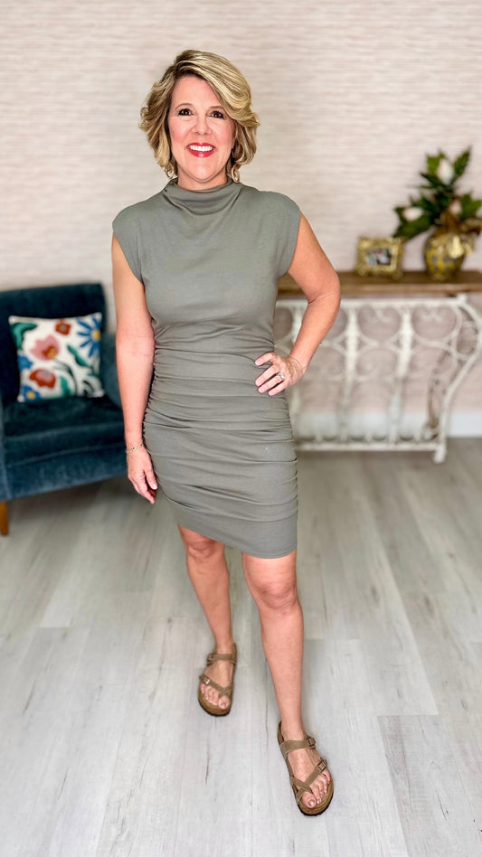 Michael Stars Gia Ribbed Power Shoulder Dress - Olive