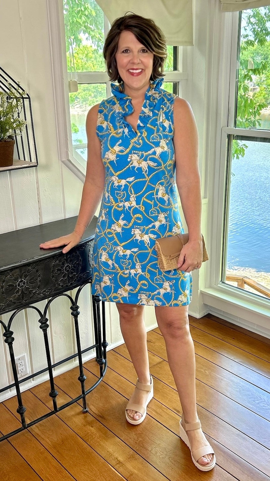 Tabi Horse Bit Ruffle Neck Dress - Blue & Khaki