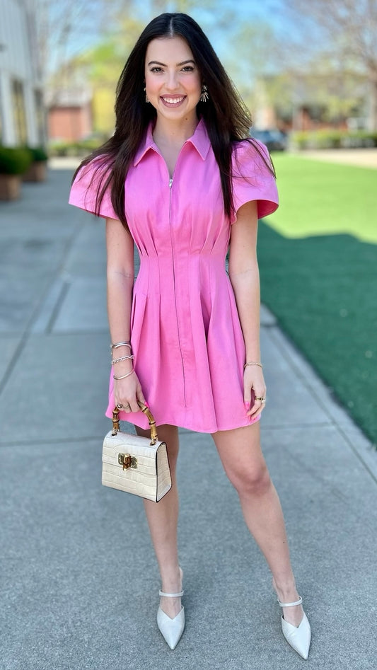 Aubrey Denim Pleat Waist Zip Mini Shirt Dress - Pink
