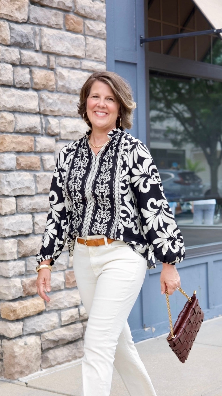 Marla Abstract Blouse With Frayed Trim - Black