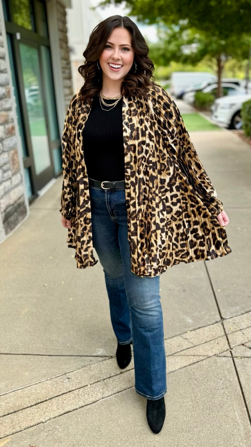 Leopard Pleated Button Up Dress