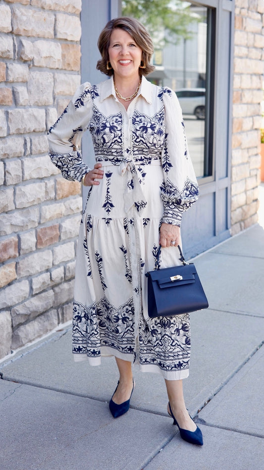 Talia Belted Midi Dress - Taupe / Navy