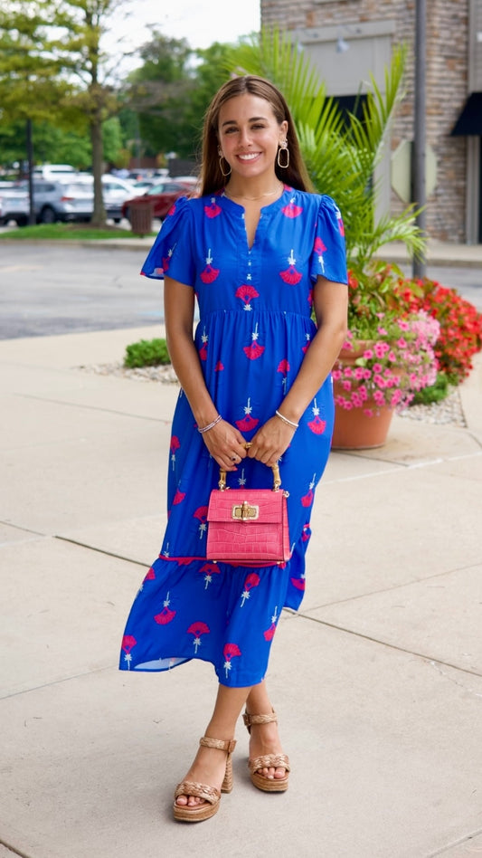 Elena Fan Floral Midi Dress - Royal