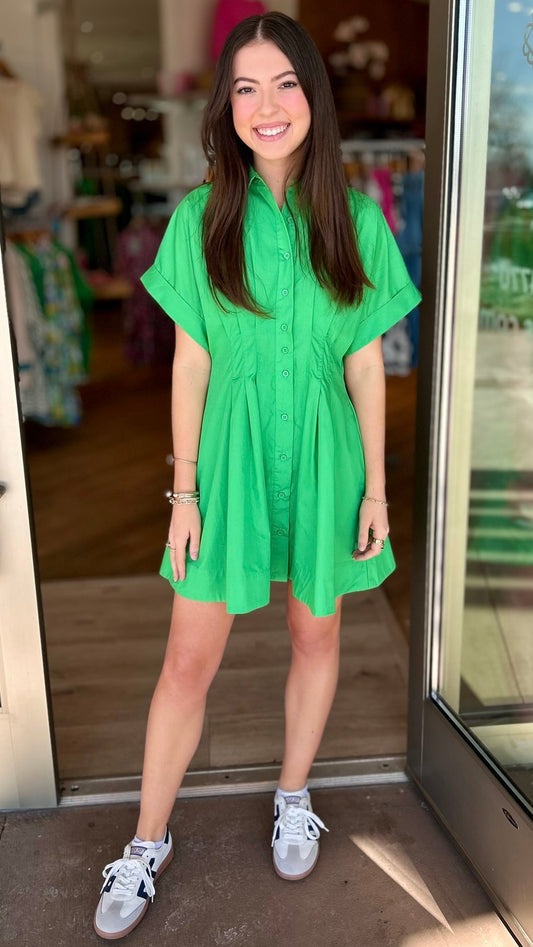 Green Pleat Waist Mini Dress
