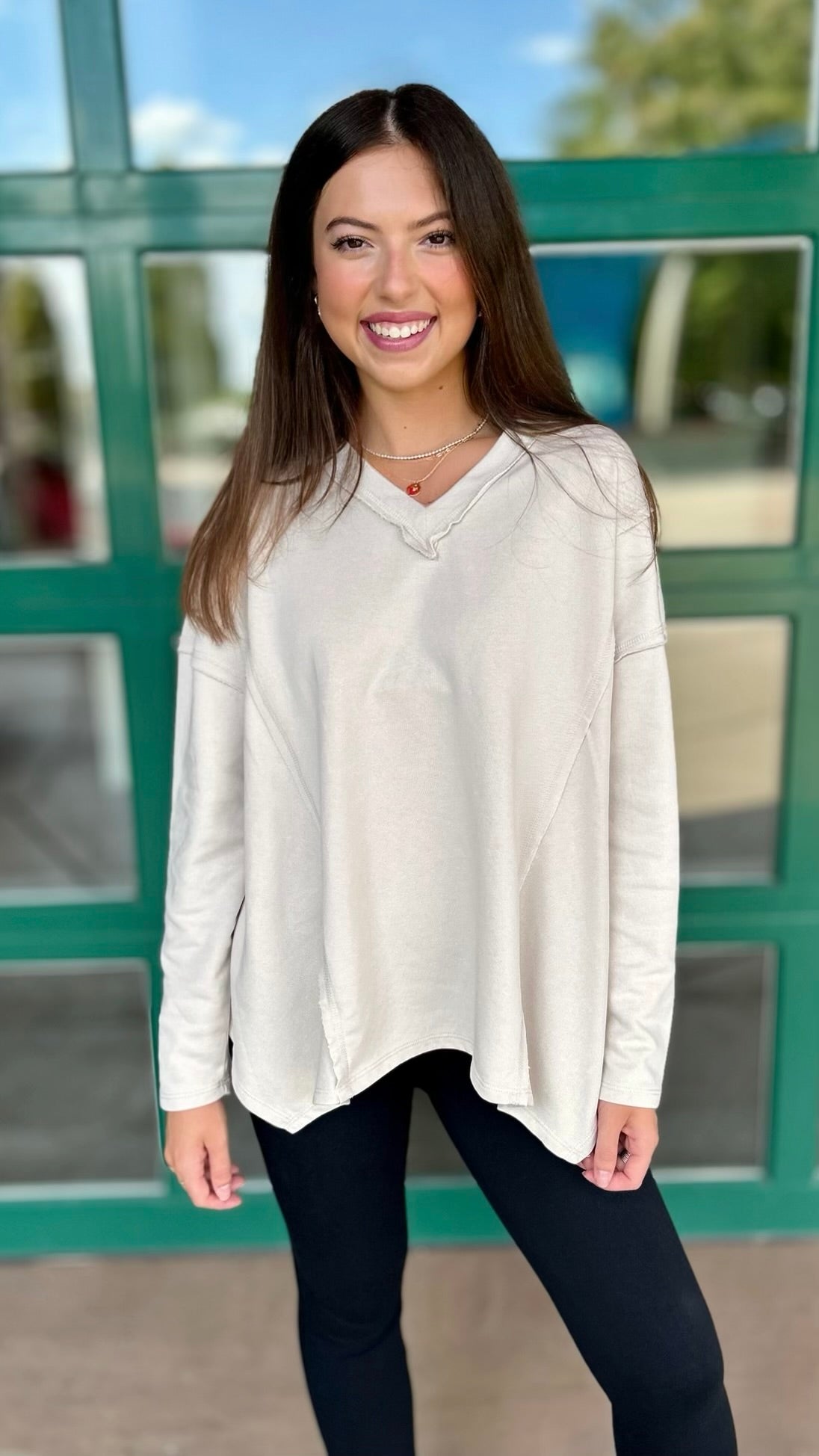 Asymmetrical V-Neck Sweatshirt - Beige