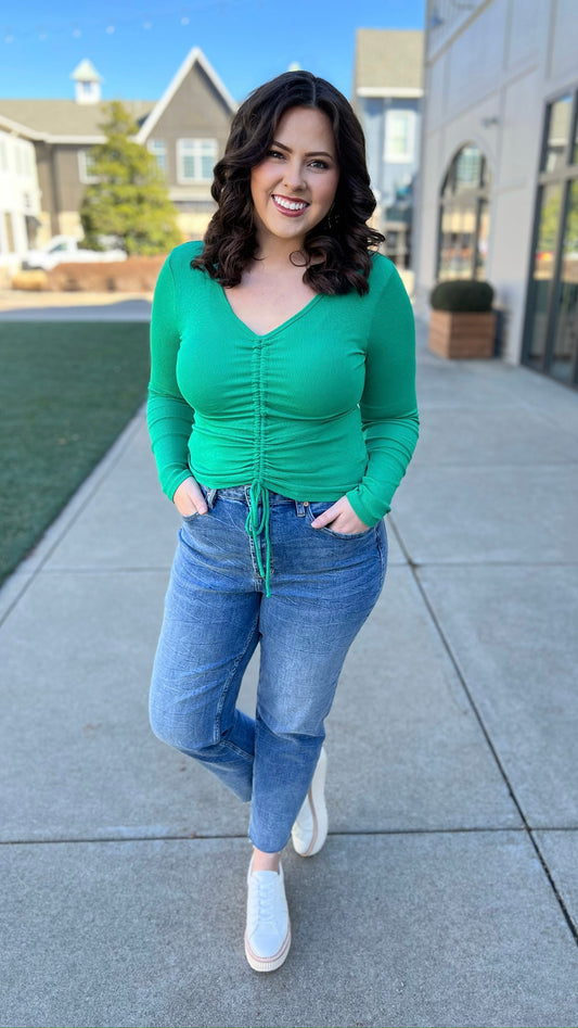 Bobi Shirred Tie V-Neck Ribbed Top - Shamrock