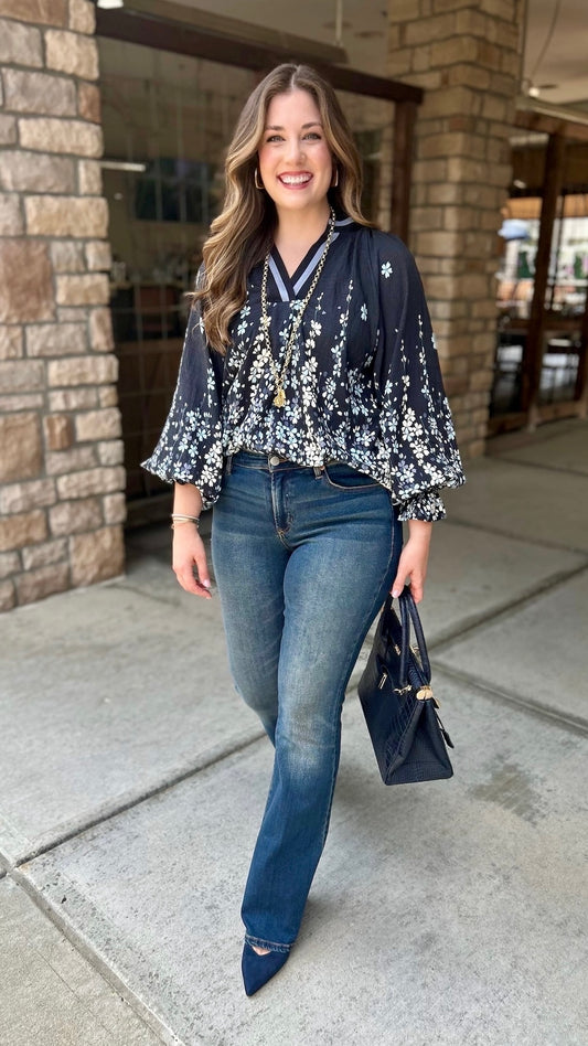 Maddie Floral Long Sleeve Top - Black