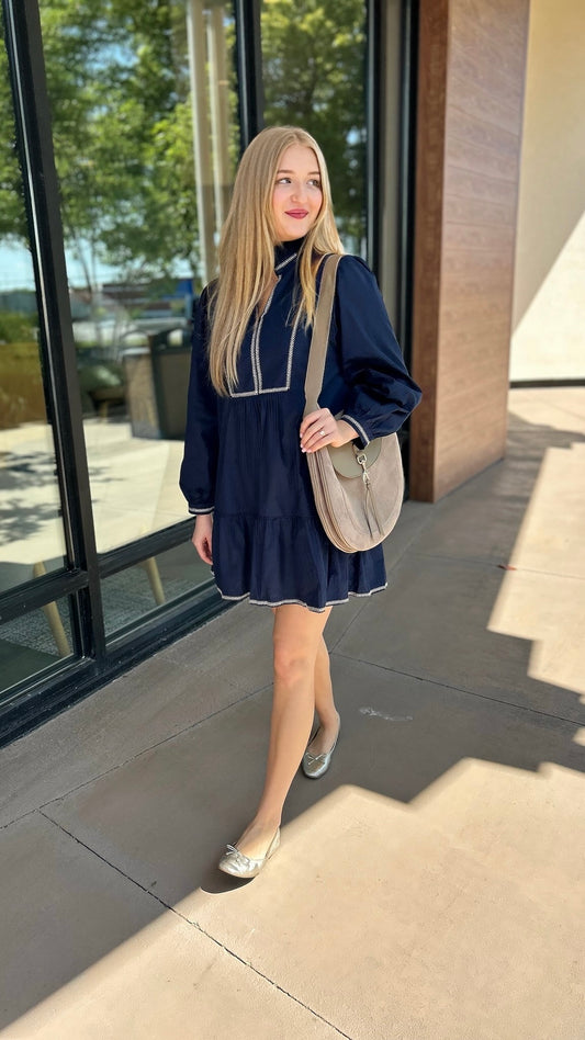 Emma Embroidered Dress - Navy