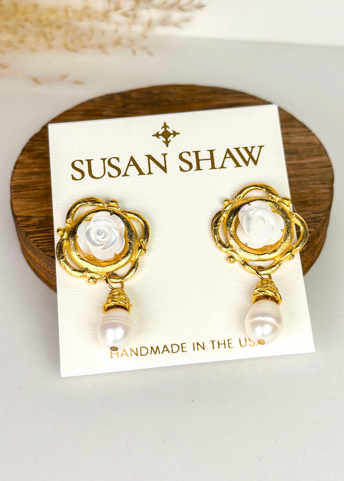 Susan Shaw White Rose & Pearl Drop Earrings