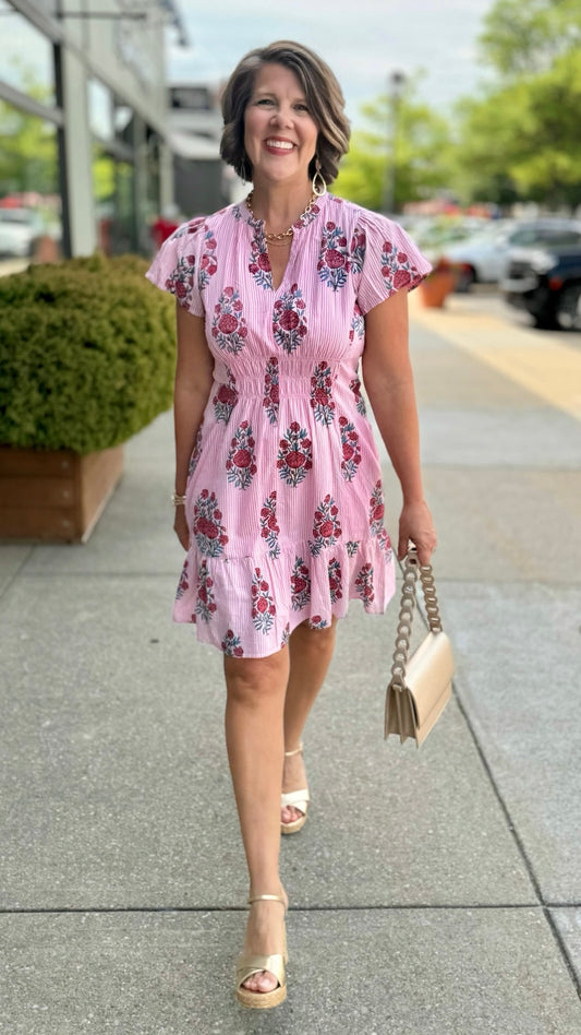 Uncle Frank Pink Stripe Shirred Front Dress