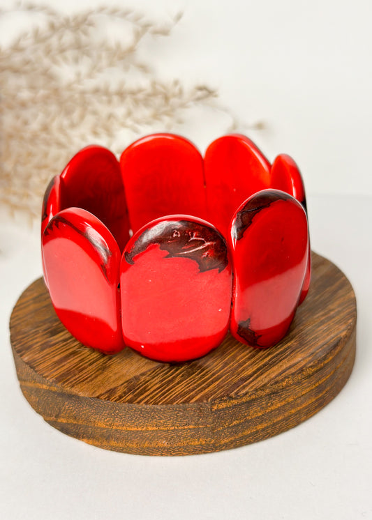 Tagua Carved Stretch Bracelet - Red
