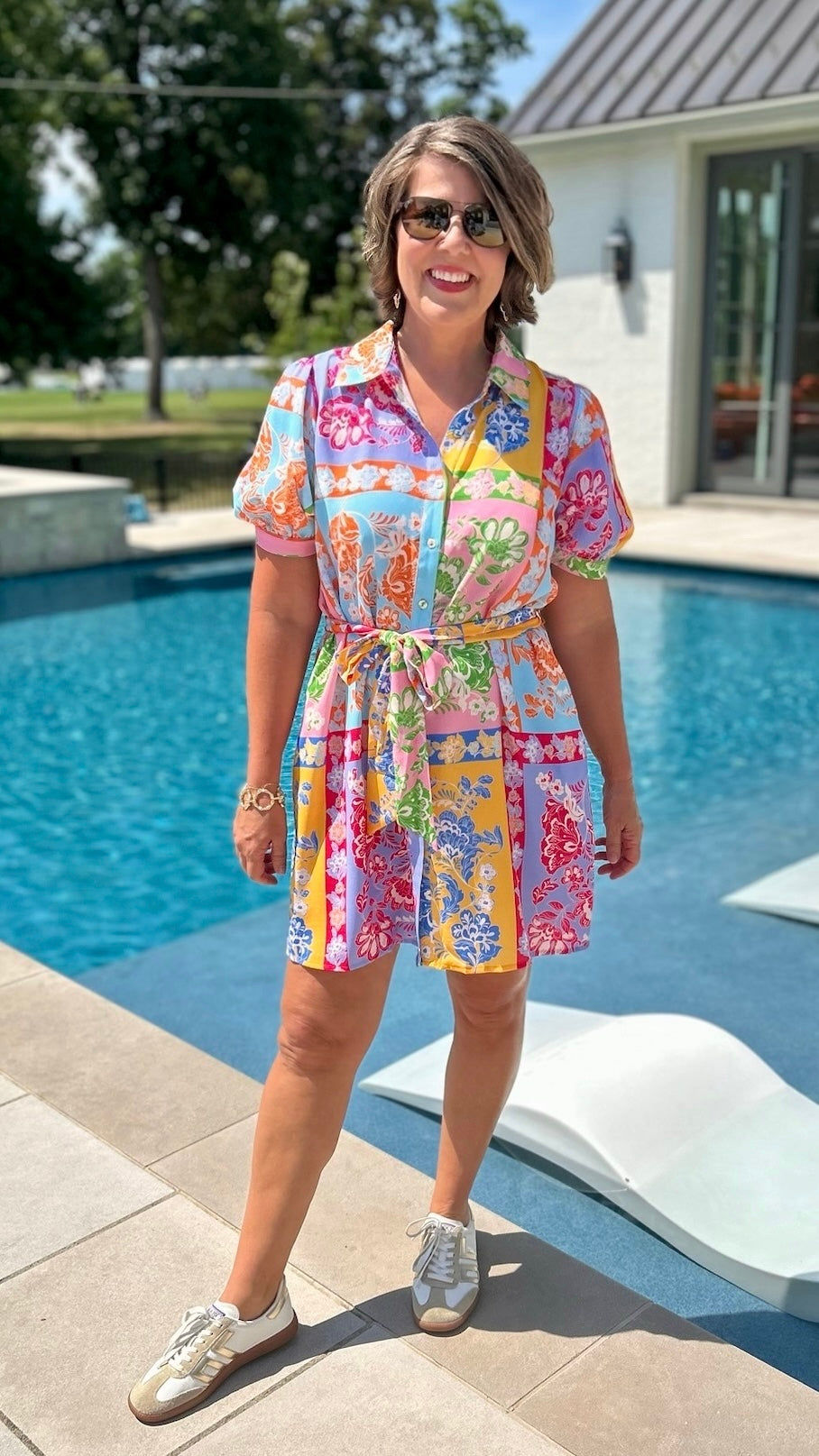 Tropical Floral Tie Shirt Dress - Multi