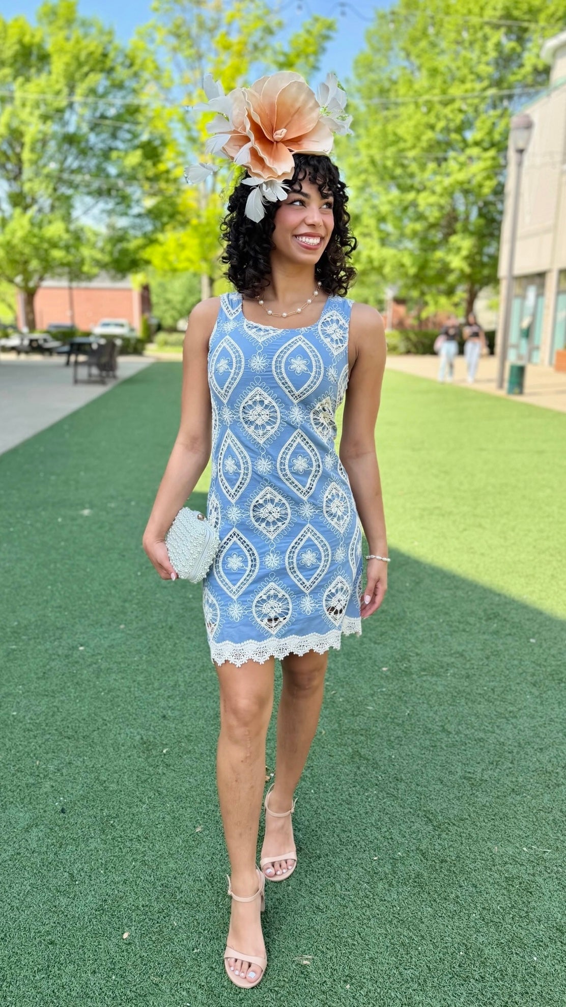 Cassie Floral Crochet Overlay Dress - Blue