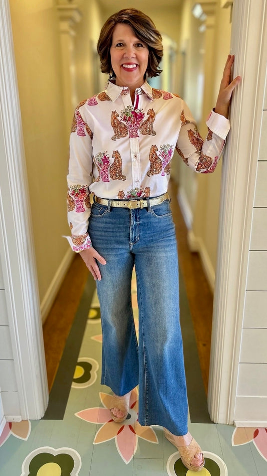 Dizzy Lizzy Rome Shirt - White With Cheetahs