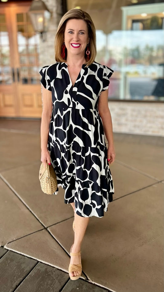 Abby Abstract V Neck Midi Dress - Black/Ivory