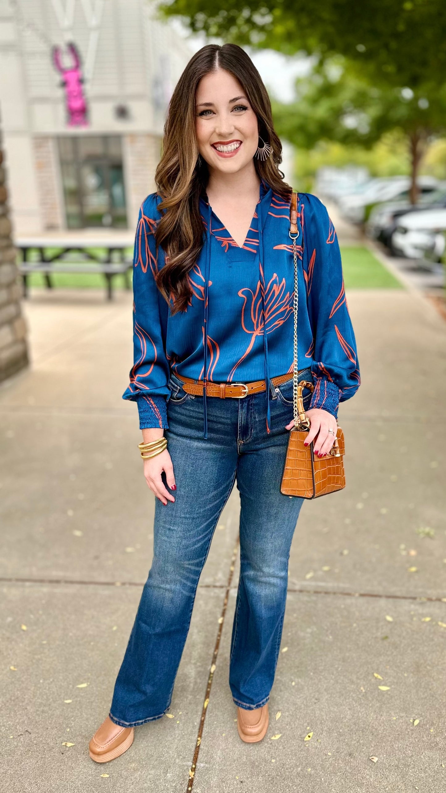 Coastal Blooms Teal & Red Tie Neck Blouse