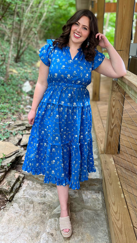 Fabulous Floral Blue Tiered Midi Dress