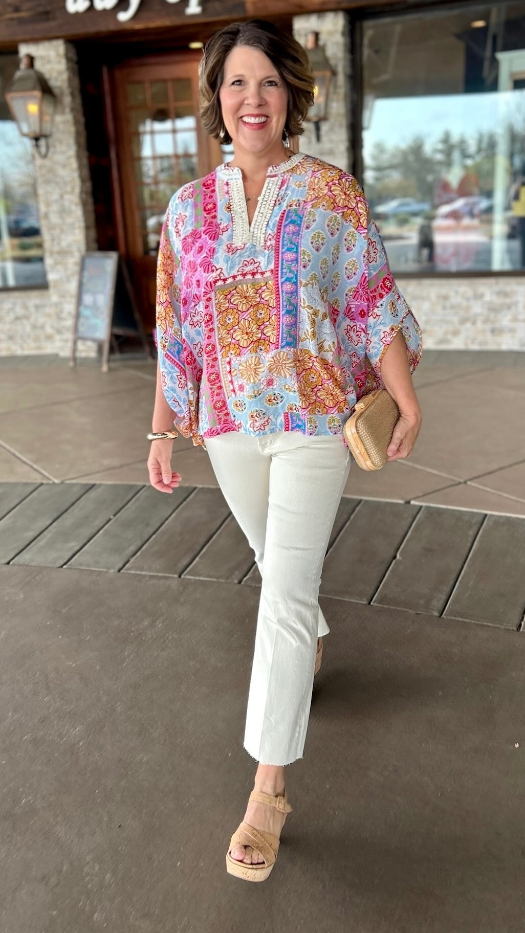 Dolman Sleeve Mixed Print Top - Blue