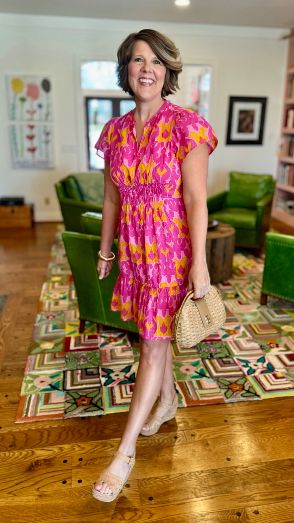 Ivy Jane Pink Ikat Shirred Front Dress