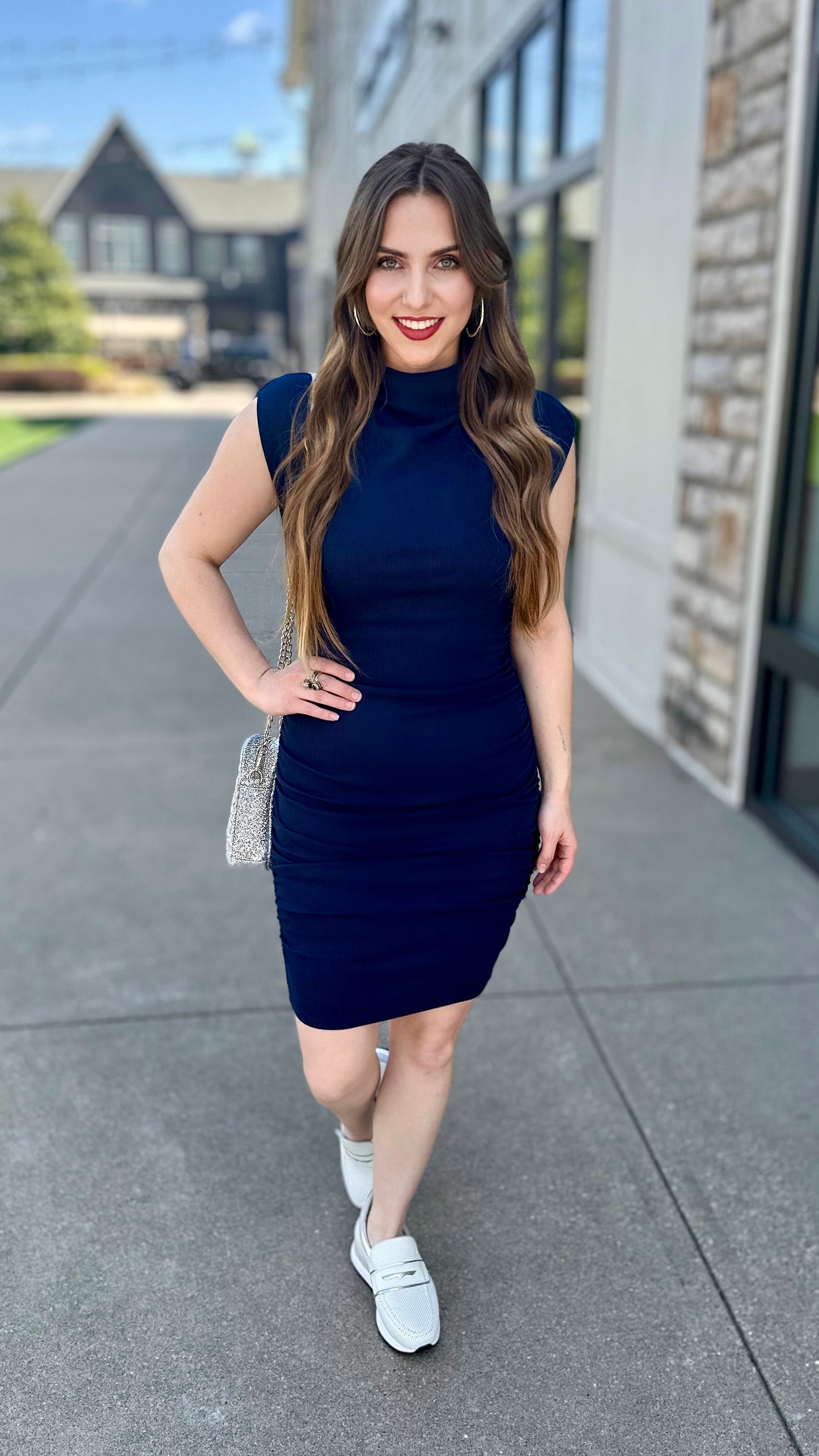 Michael Stars Gia Ribbed Power Shoulder Dress - Navy