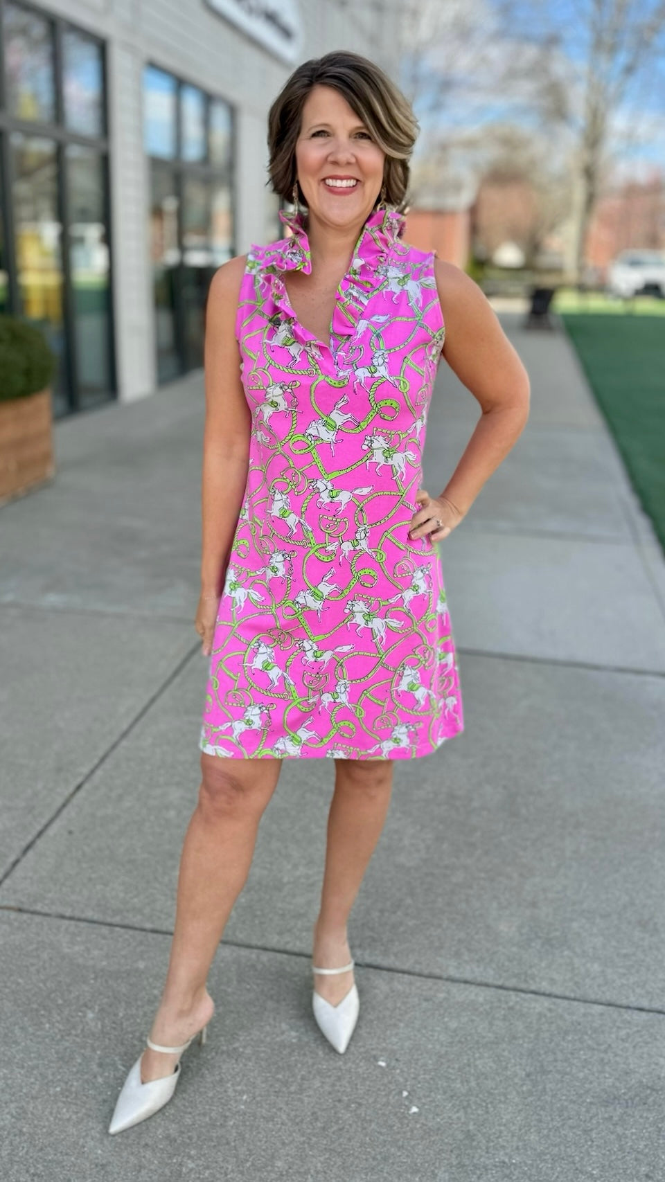 Tabi Horse Bit Ruffled Neck Dress - Pink & Lime