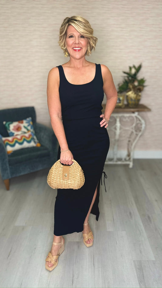 Bobi Black Scoop Neck Shirred Dress