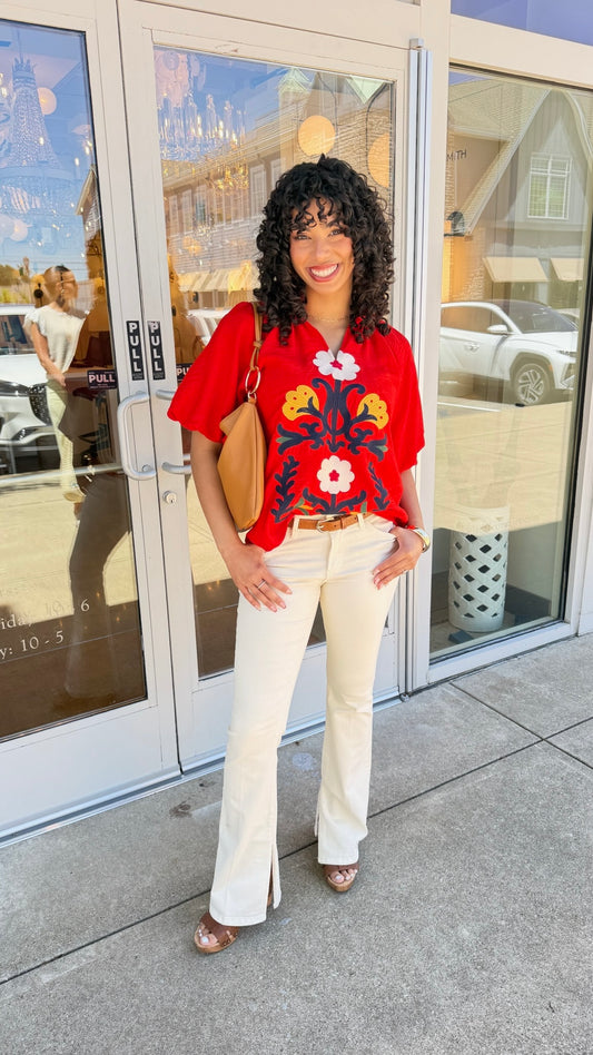 Lisa Floral Embroidered Top - Red