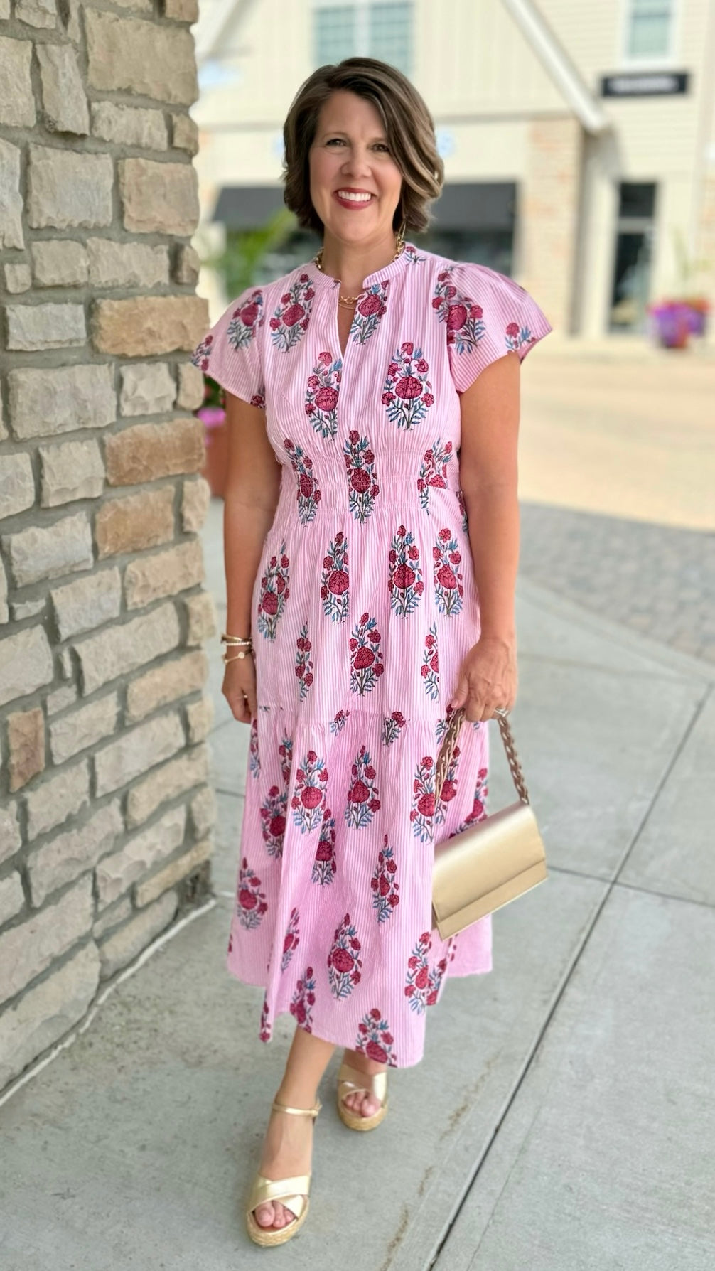 Ivy Jane Shirred Front Midi Dress - Pink Stripe