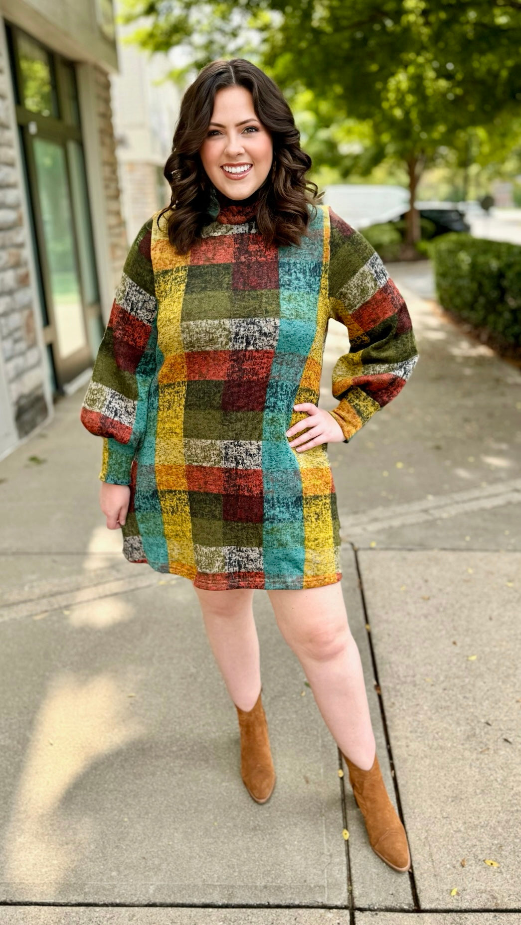 Multi Plaid Sweater Dress - Olive Mix