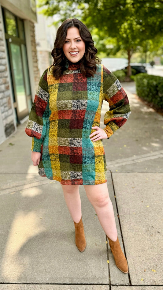 Multi Plaid Sweater Dress - Olive Mix