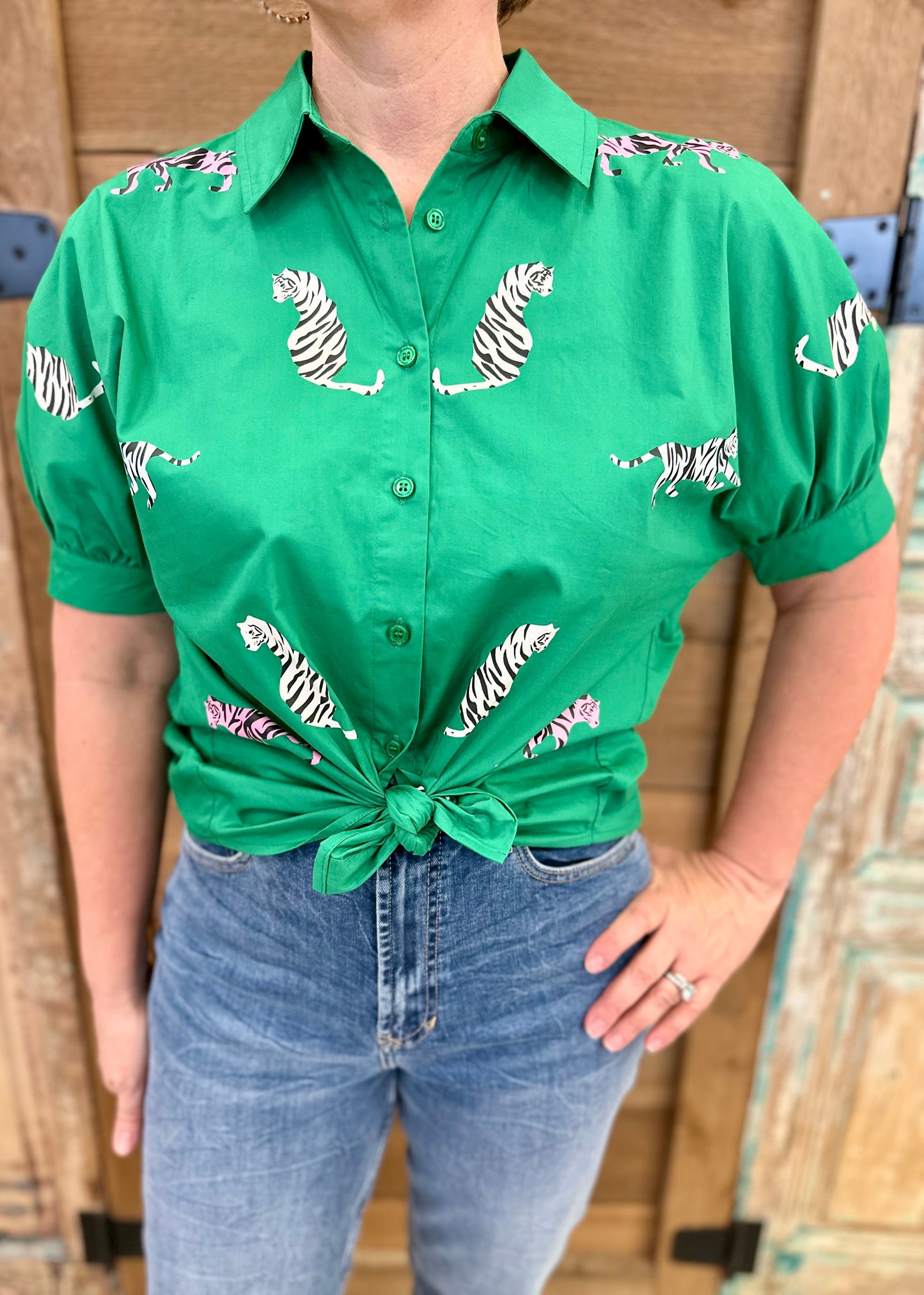 Wild Side Button Up Blouse - Green