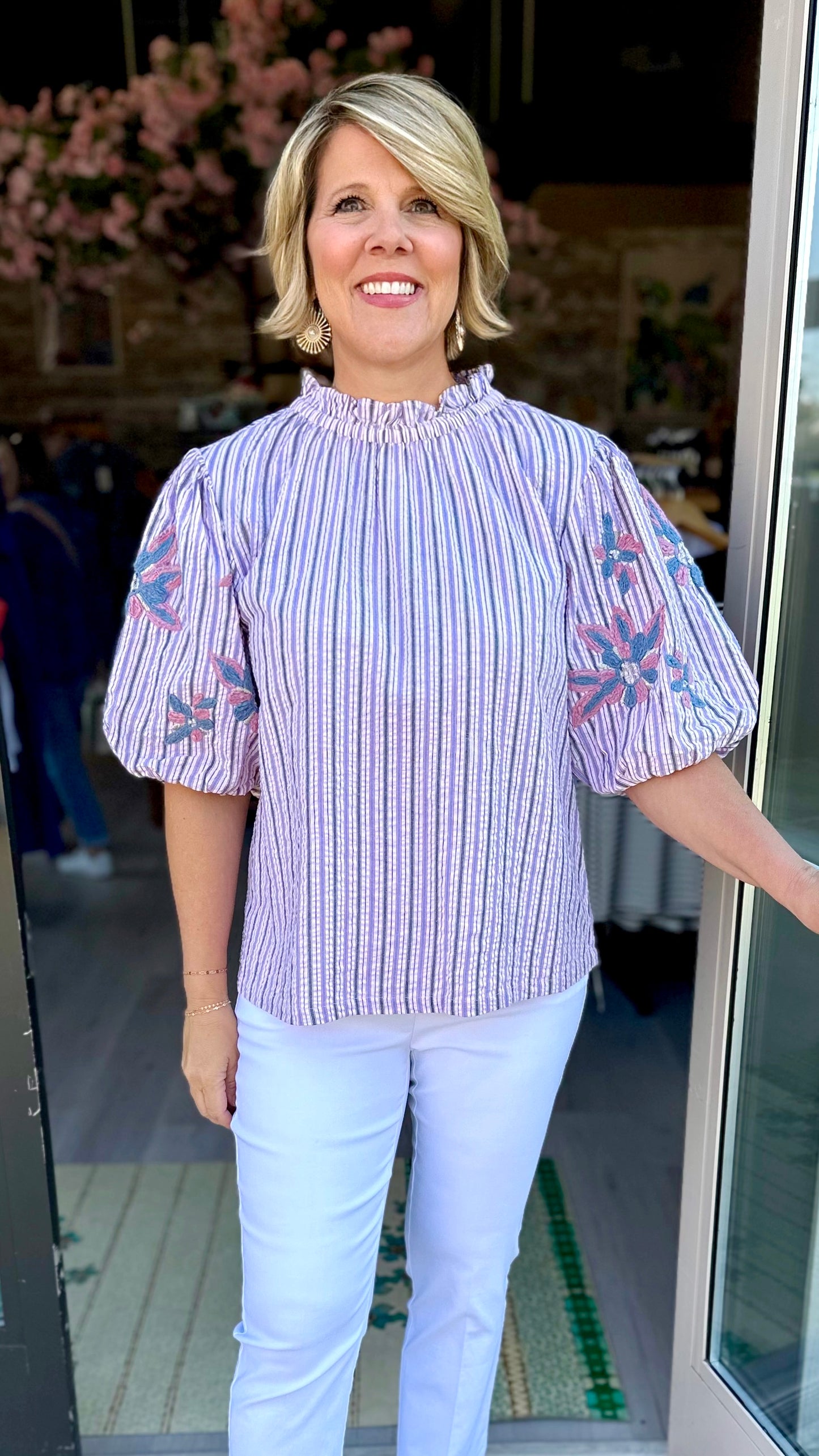 Ivy Jane Lilac Seersucker Embroidered Sleeve Top