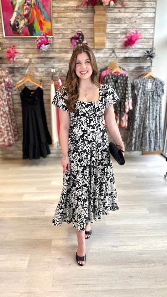 Theresa Print Midi Dress - Black/White