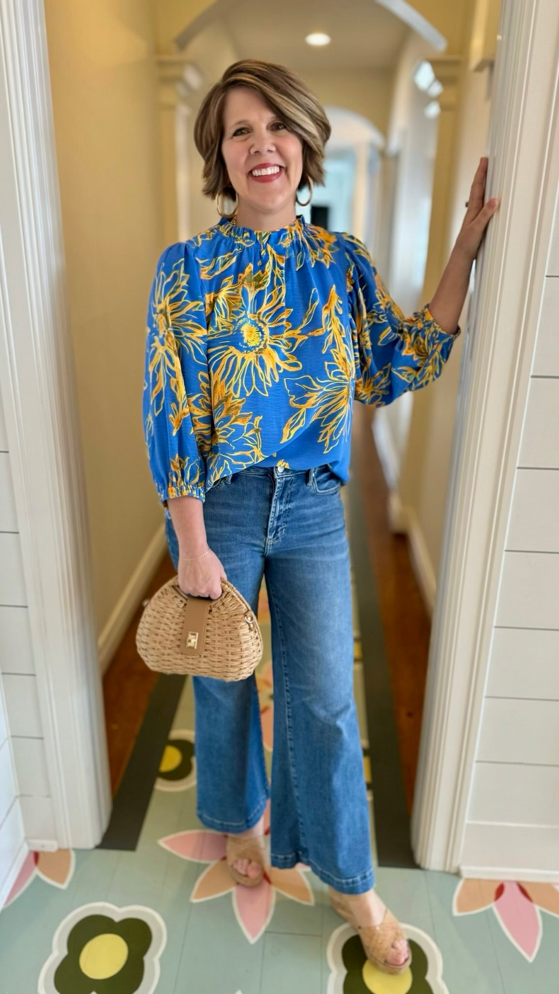 Floral Ruffle Neck Blouse - Blue