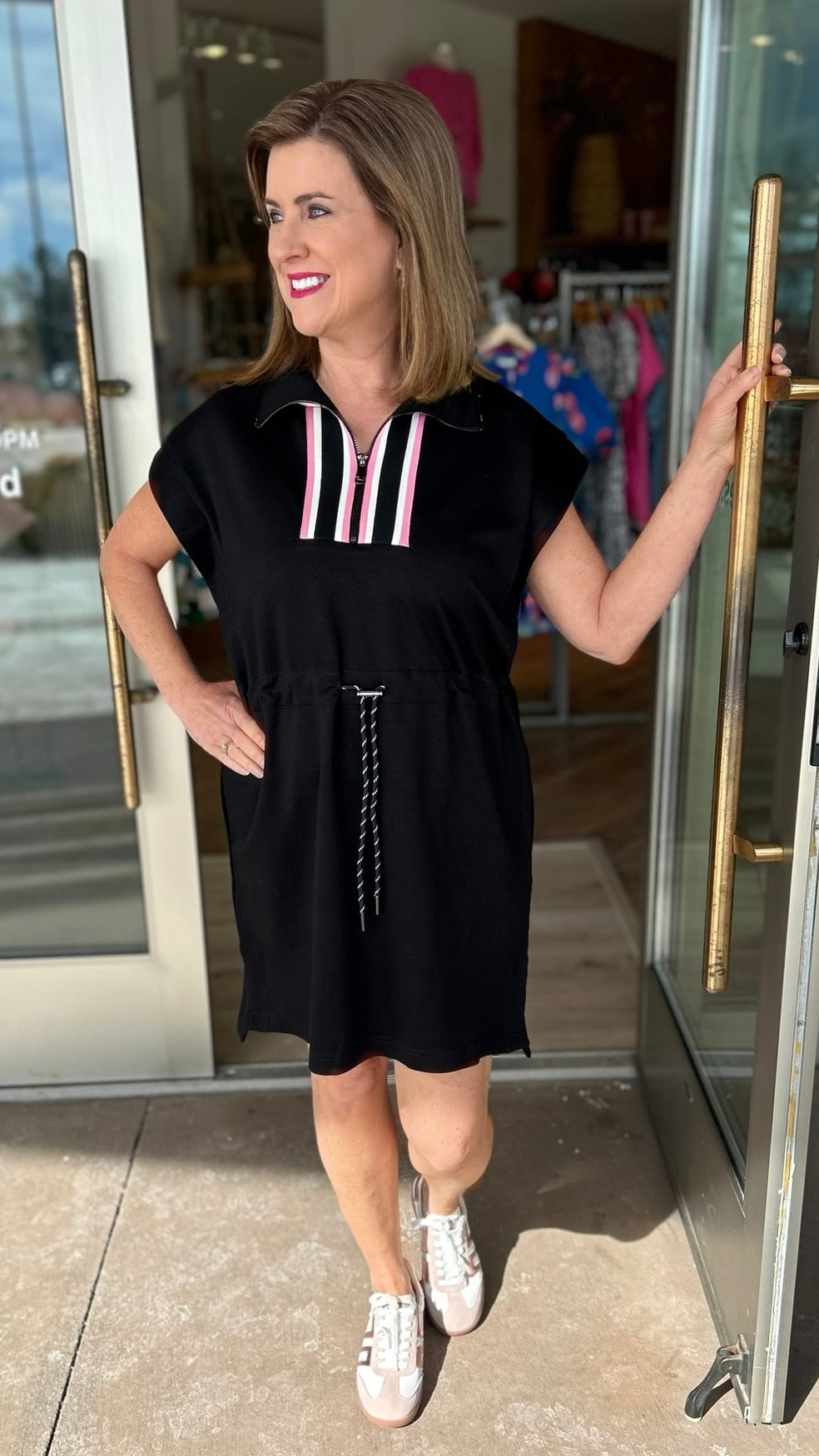 Sporty Tie Waist Dress - Black With Pink Detail