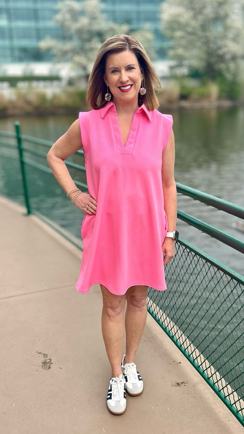 Lilian Ribbed Collard Dress - Pink