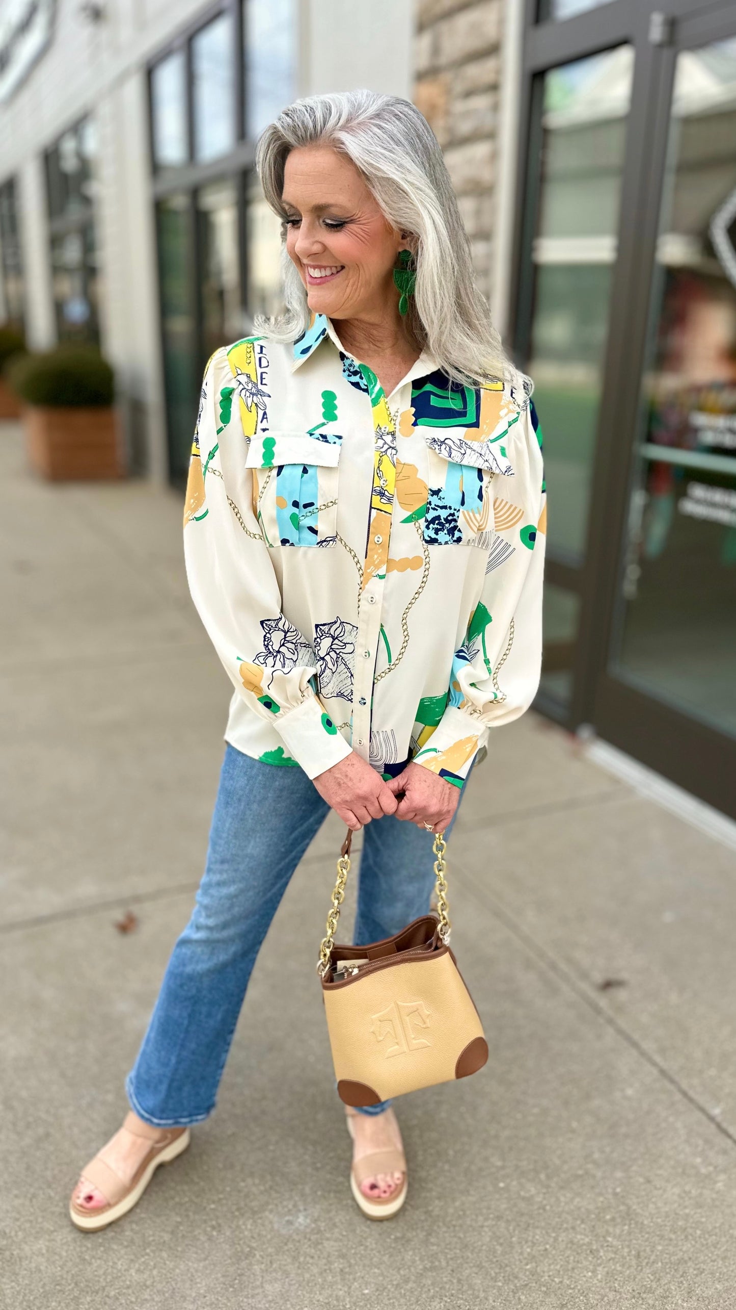 Ivory Abstract Floral Button Blouse