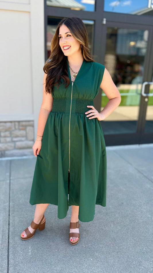 Hunter Green Zip Midi Dress
