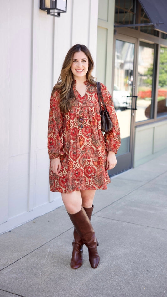 Autumn Paisley Dress - Brick