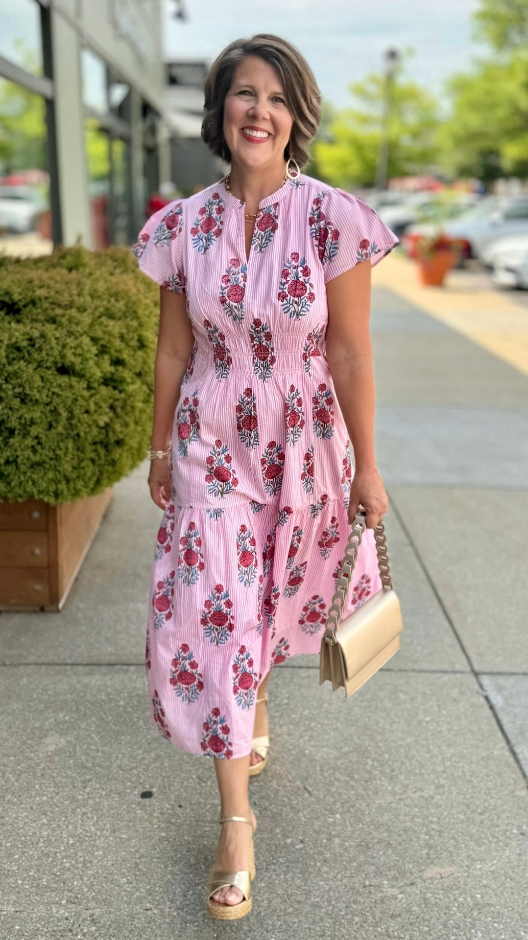 Ivy Jane Shirred Front Midi Dress - Pink Stripe