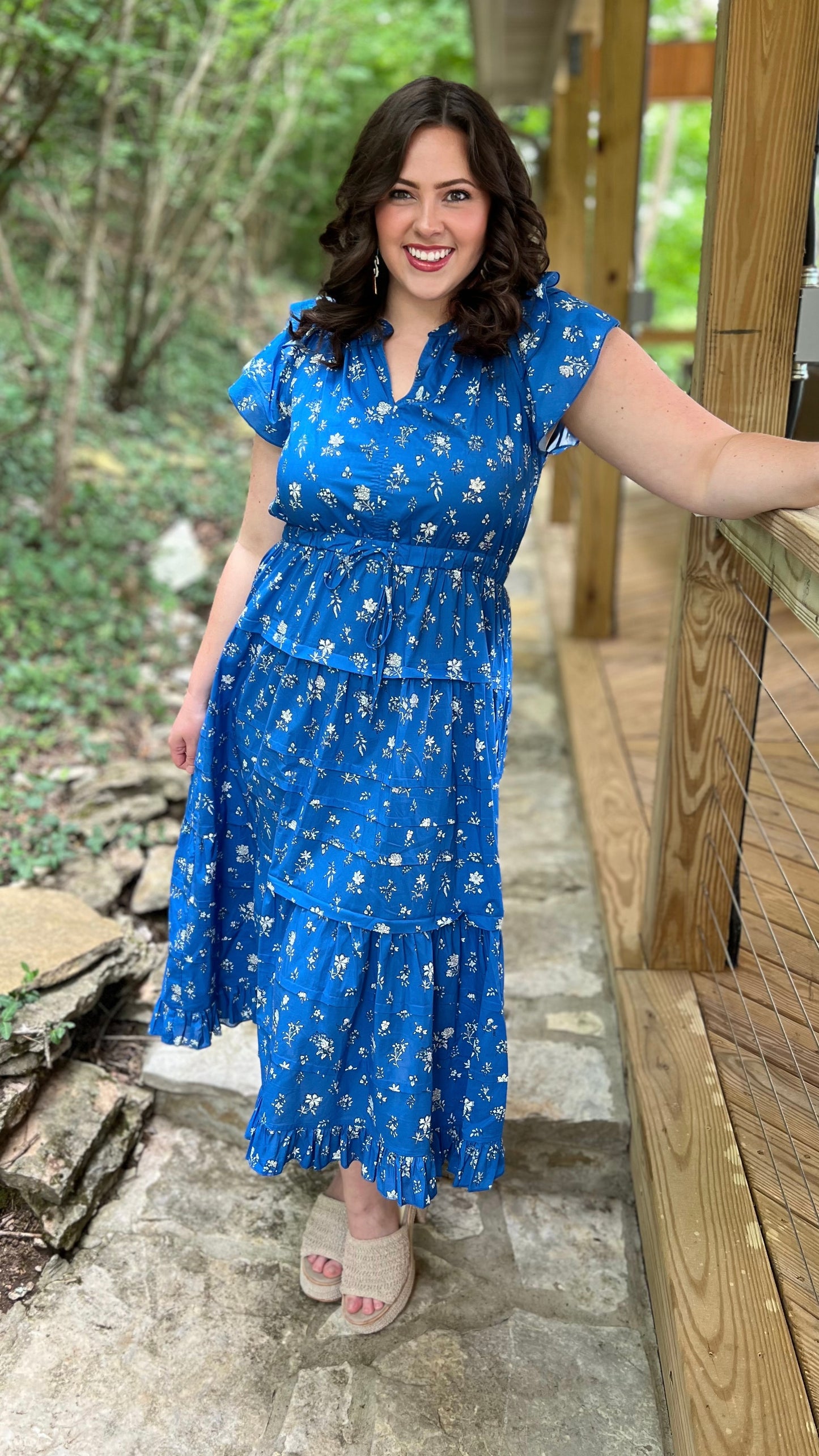 Fabulous Floral Blue Tiered Midi Dress